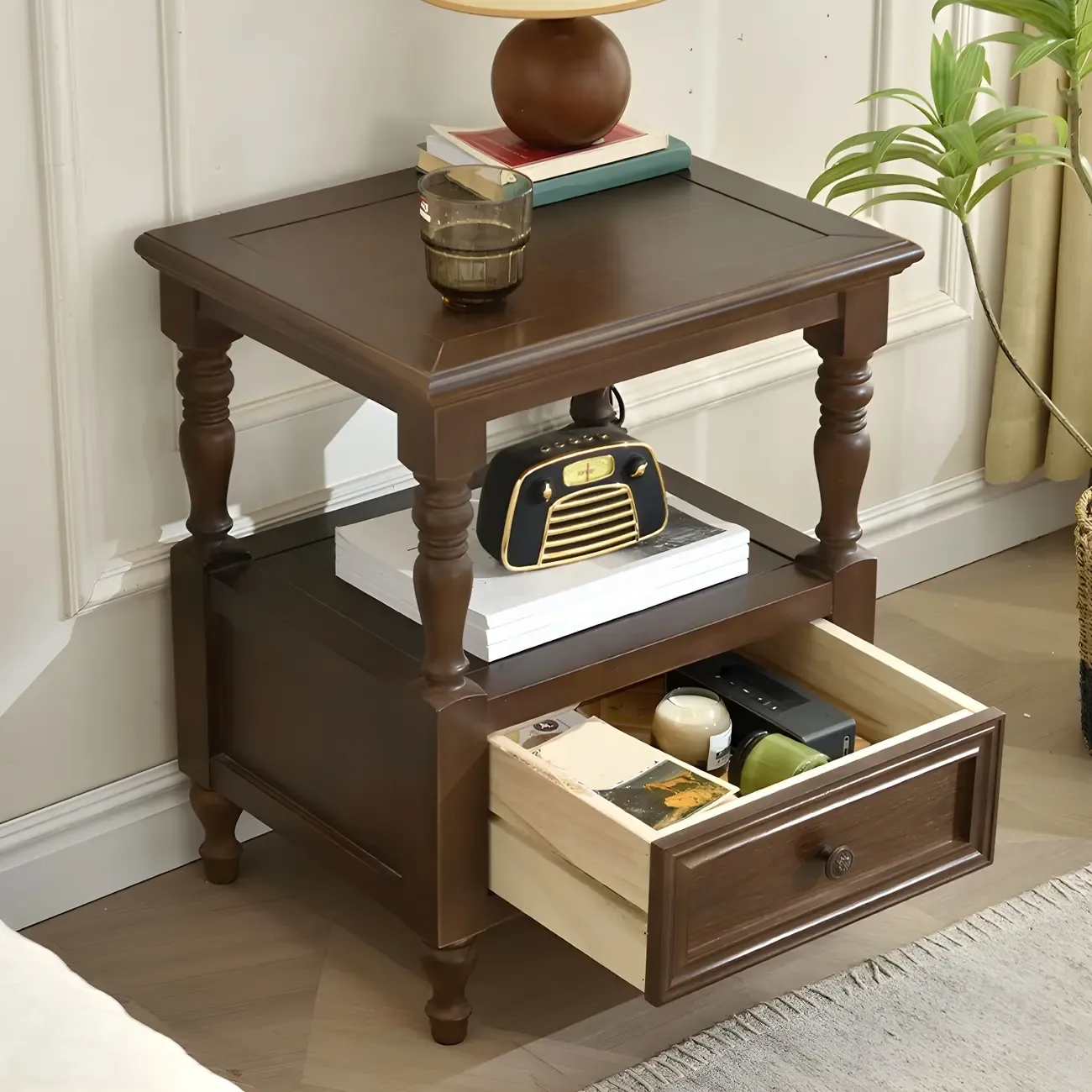 Elegant White Wood Open Storage Nightstand with Drawer Image - 7