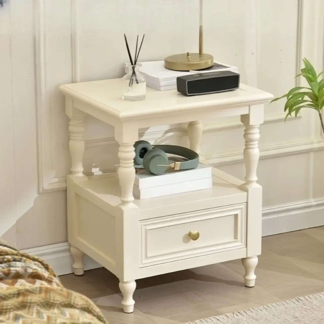 Elegant White Wood Open Storage Nightstand with Drawer Image - 8