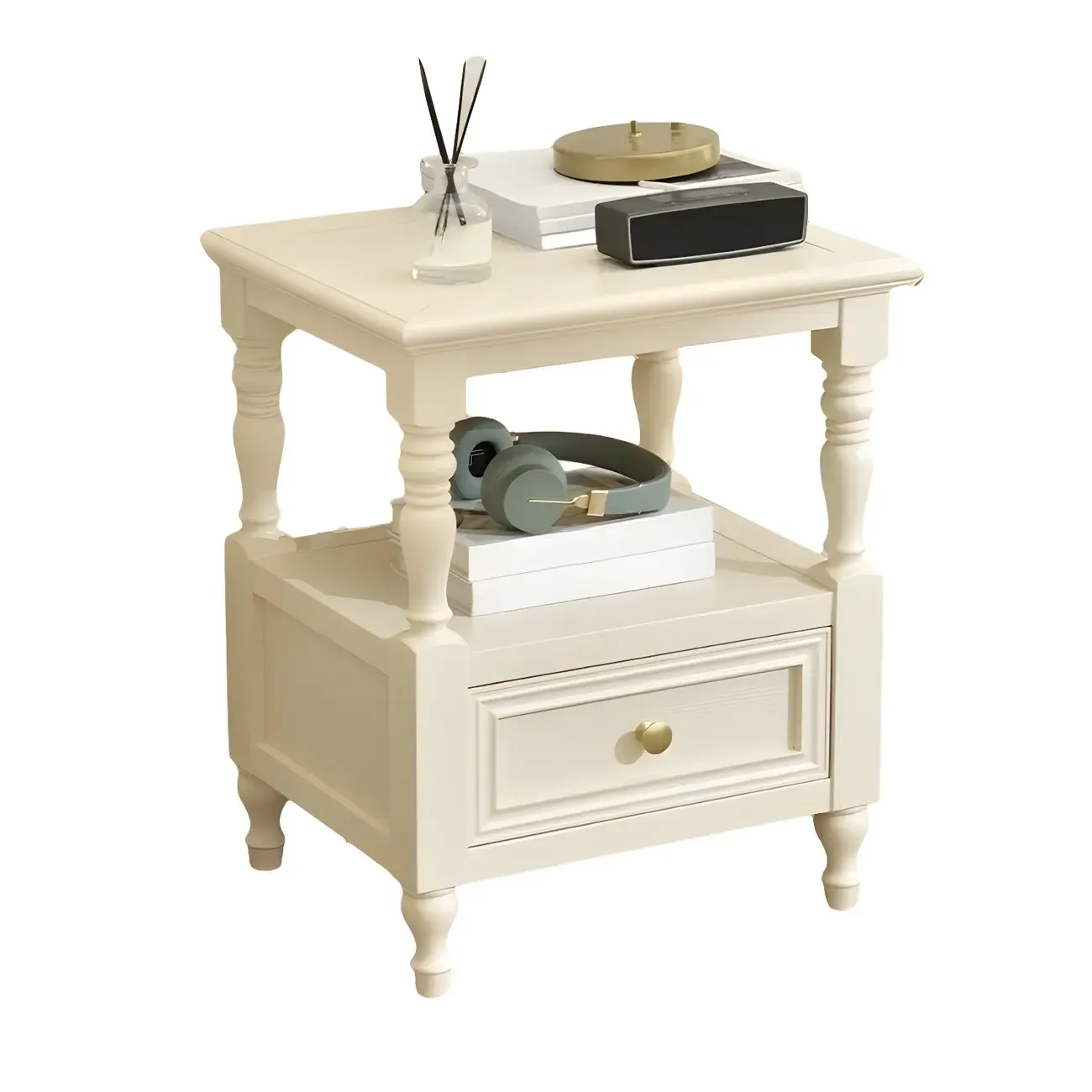 Elegant White Wood Open Storage Nightstand with Drawer Image - 9