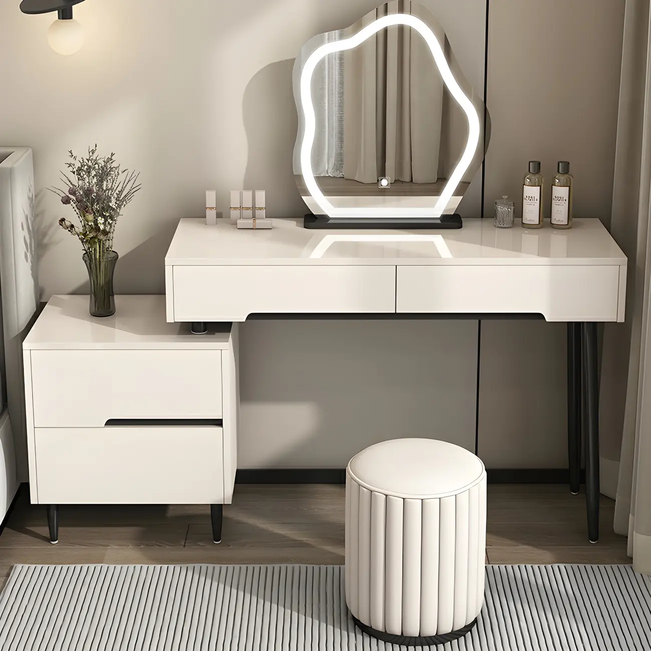 Sleek Modern White Wood Makeup Vanity with Drawer Image - 1 | homeyfad