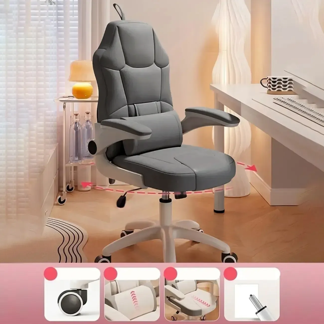 Modern Grey White Leather Adjustable Swivel Office Chair Image - 6