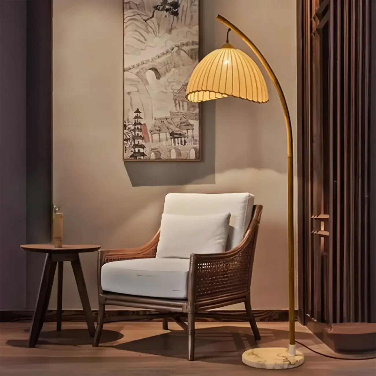 Elegant Arched Floor Lamp with Beige Shade for Living Room Image - 2 | homeyfad