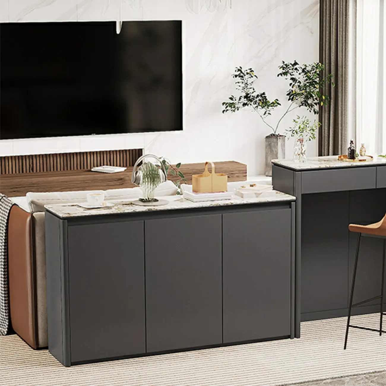 Modern White Stone Top Gray Pine Storage Sofa Bar Tables Image - 1 | homeyfad