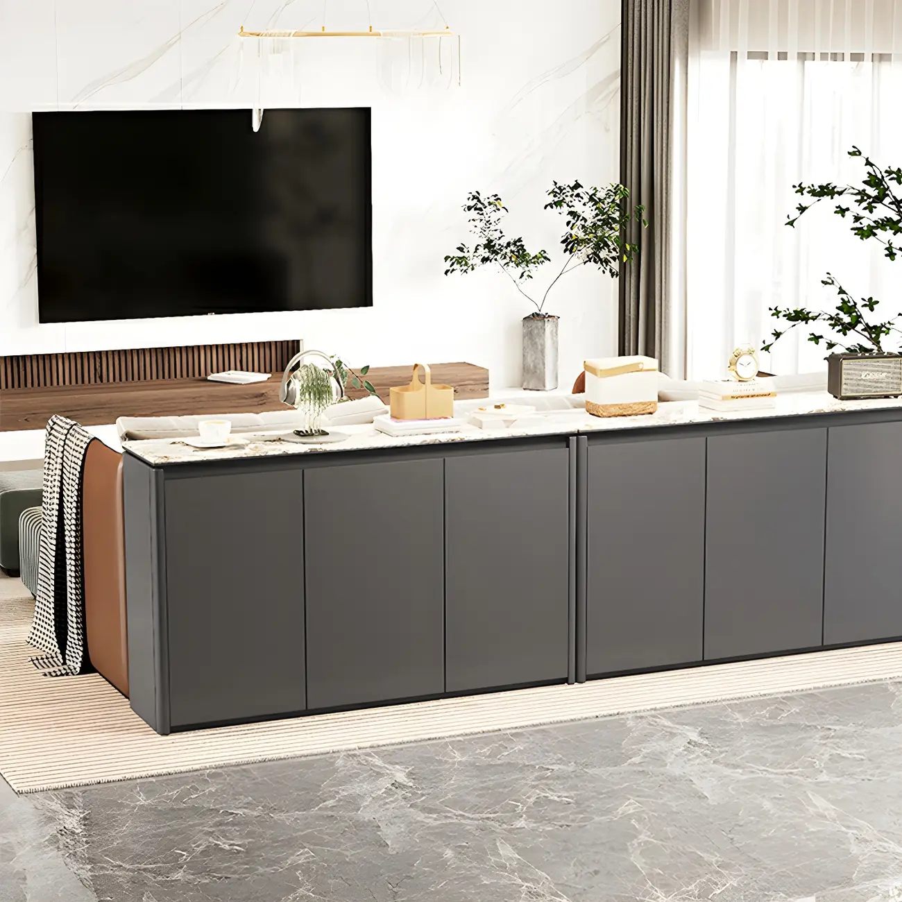 Modern White Stone Top Gray Pine Storage Sofa Bar Tables Image - 4 | homeyfad