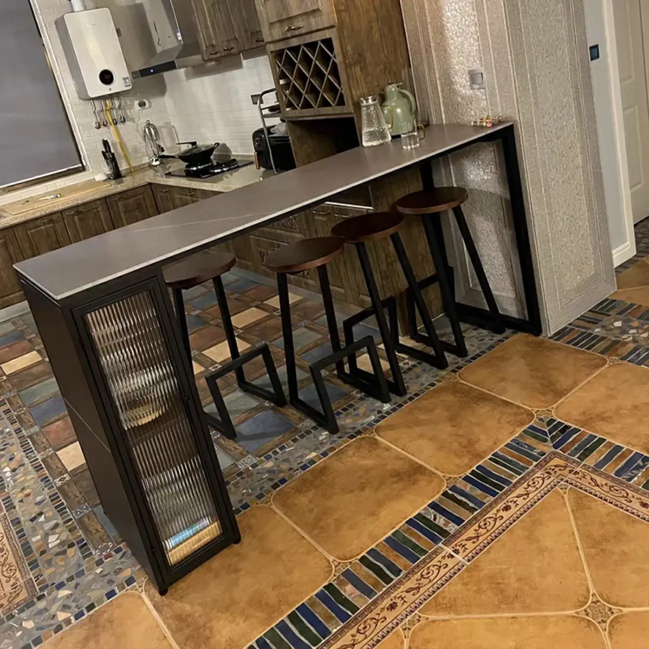 Modern Grey Stone Metal Base Storage Bar Tables for Kitchen Image - 2