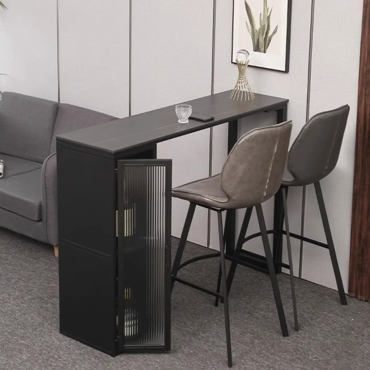 Modern Grey Stone Metal Base Storage Bar Tables for Kitchen Image - 5 | homeyfad