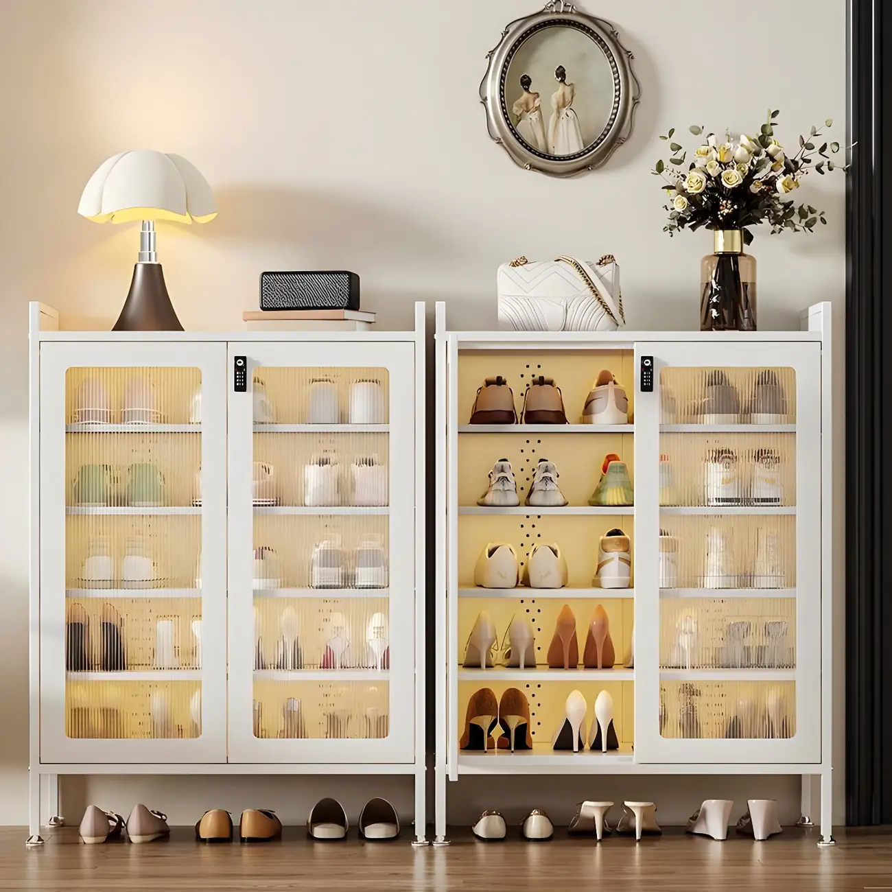 Elegant Grey Metal Code Lock Shoe Cabinet for Hallway Image - 8 | homeyfad