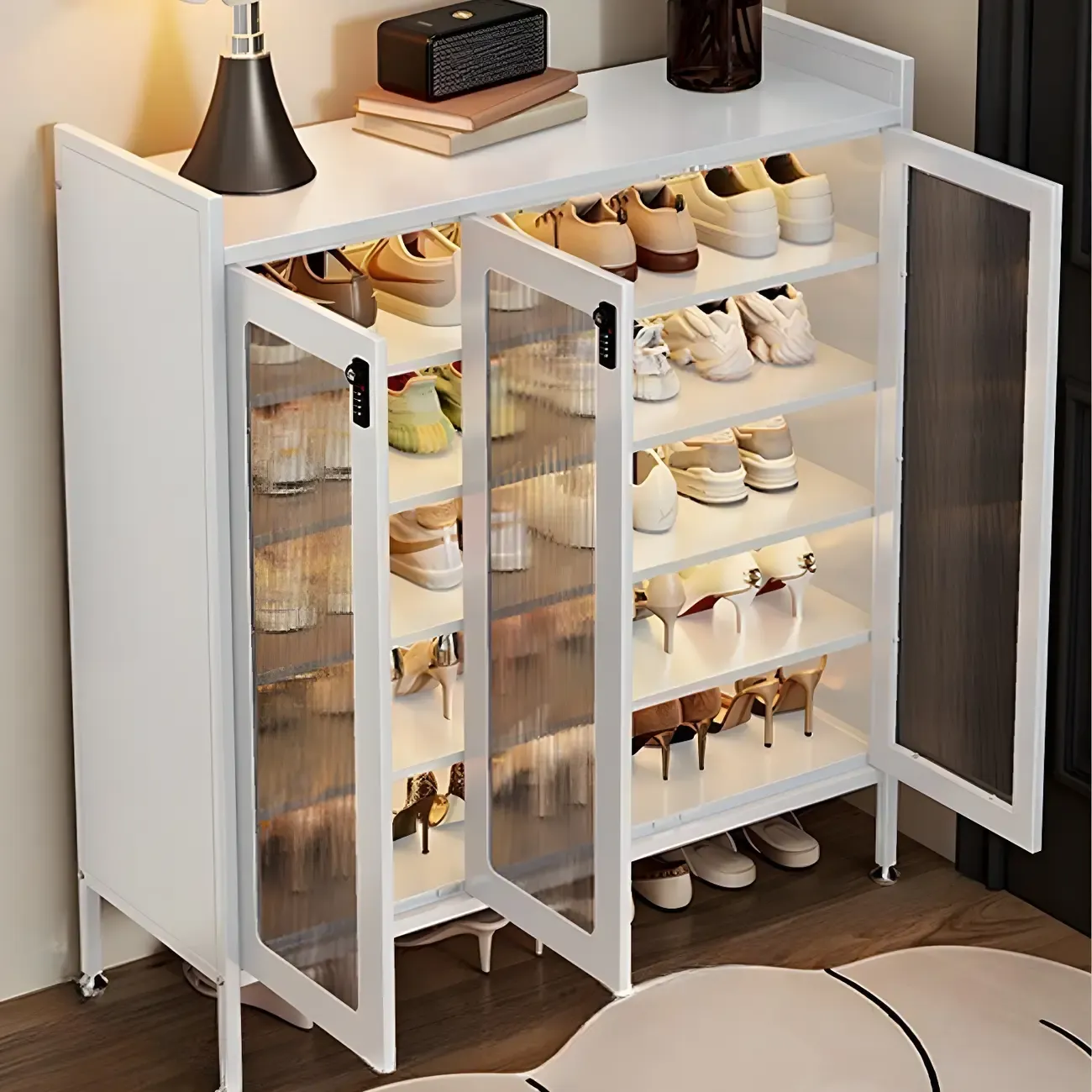 Elegant Grey Metal Code Lock Shoe Cabinet for Hallway | HomeyFad