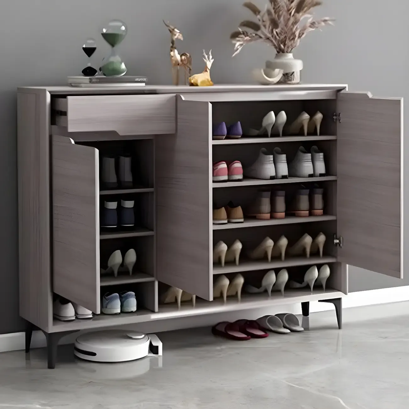 Contemporary Grey Wood Shoe Storage with Bottom Shelf Image - 3