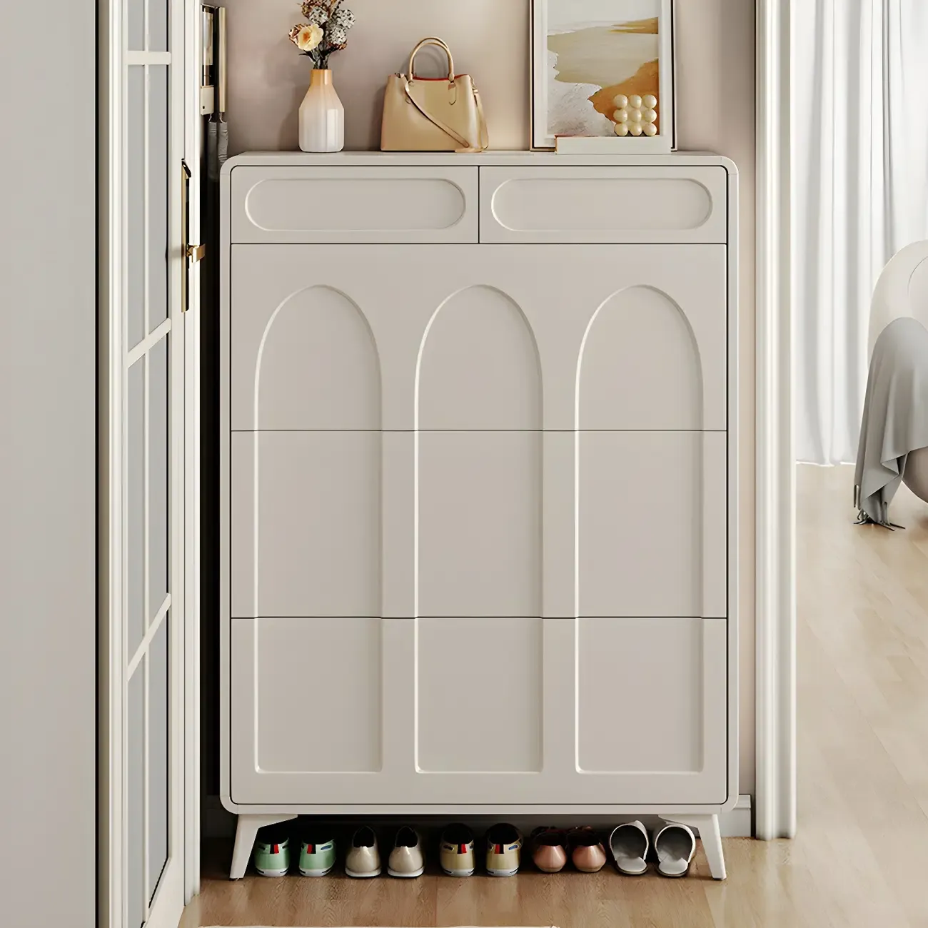 Hallway White	Drop Front Shoe Storage Cabinet Image - 3