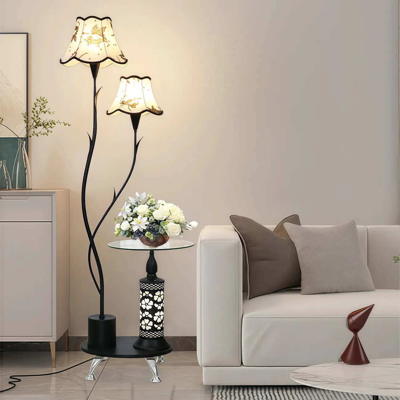 2-Light Flower Shade Black Floor Lamp with Table Image - 1 | homeyfad