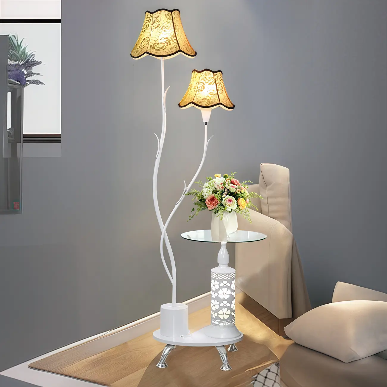 2-Light Flower Shade Black Floor Lamp with Table Image - 2 | homeyfad