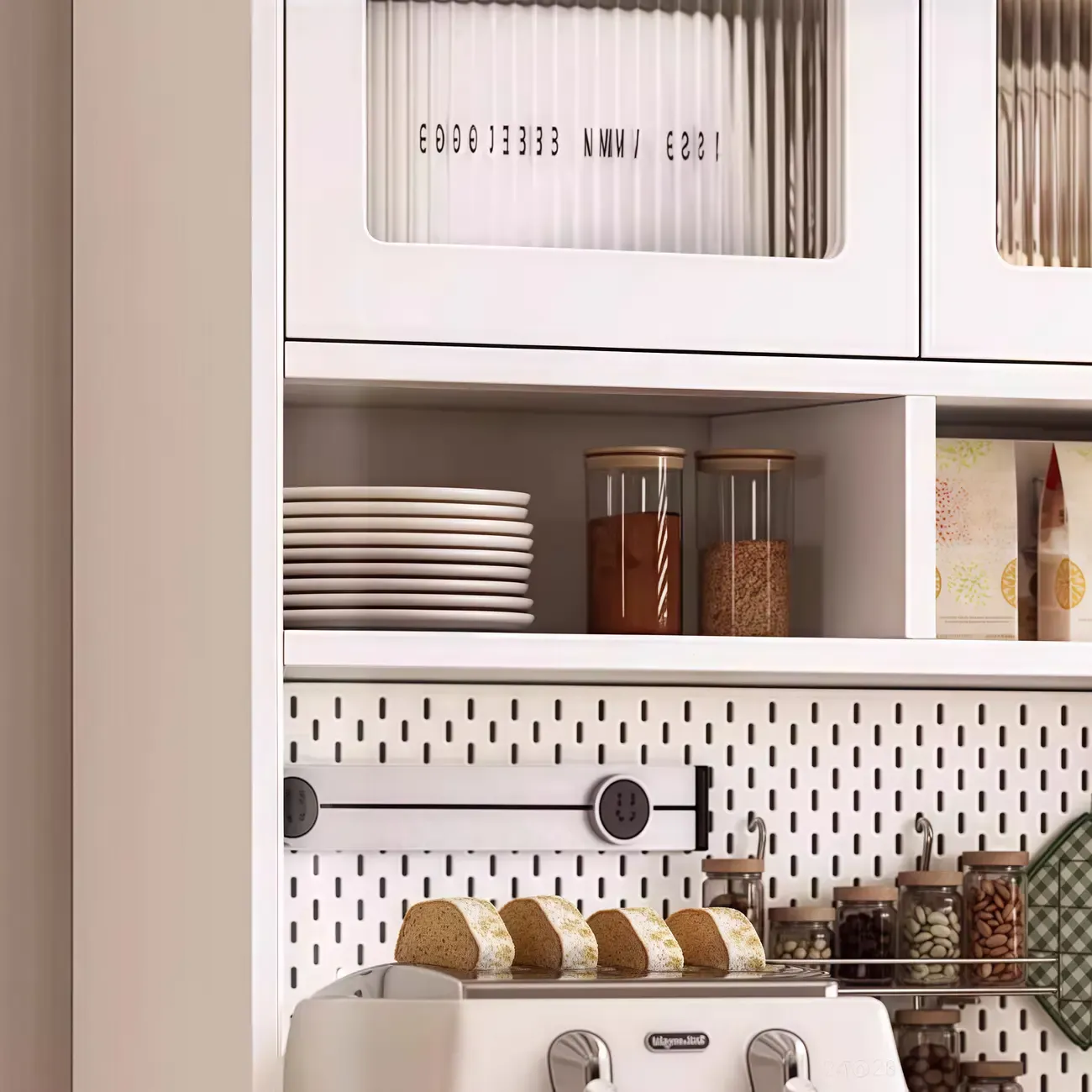 Kitchen Wooden Open Shelving Sideboard Arched Glass Door Image - 11