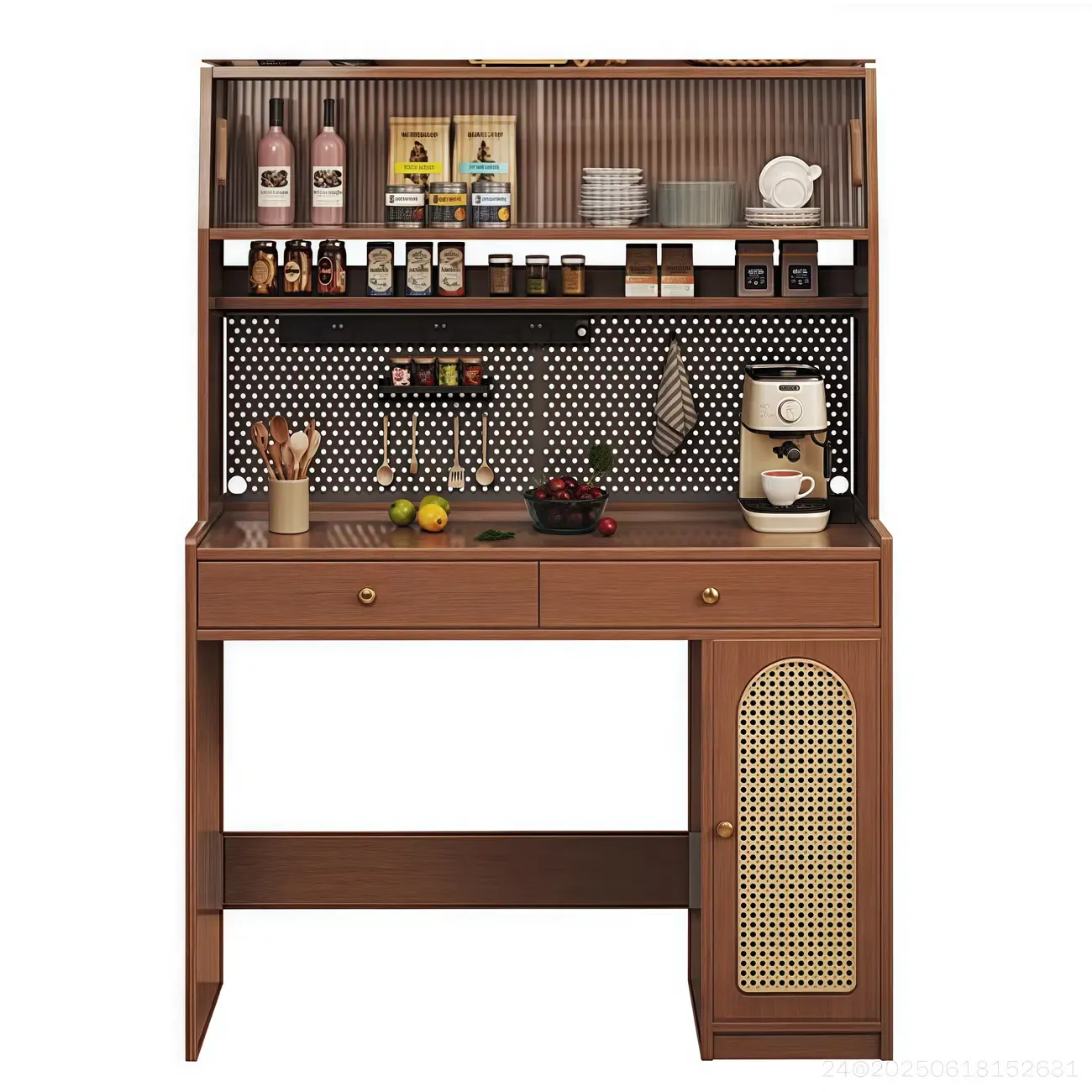 2-Drawer Brown Wood Kitchen Storage Cabinet with Hutch Image - 8