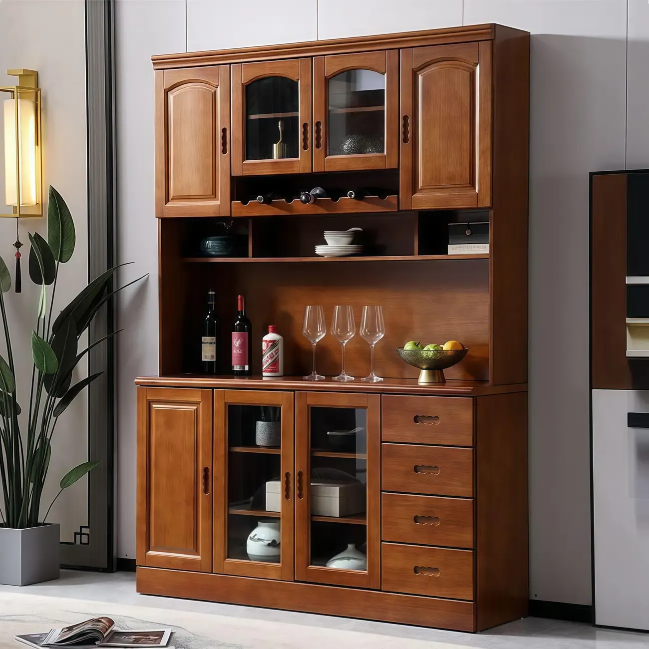 Kitchen Wooden White Cabinet Sideboard Built-in Wine Rack Image - 4