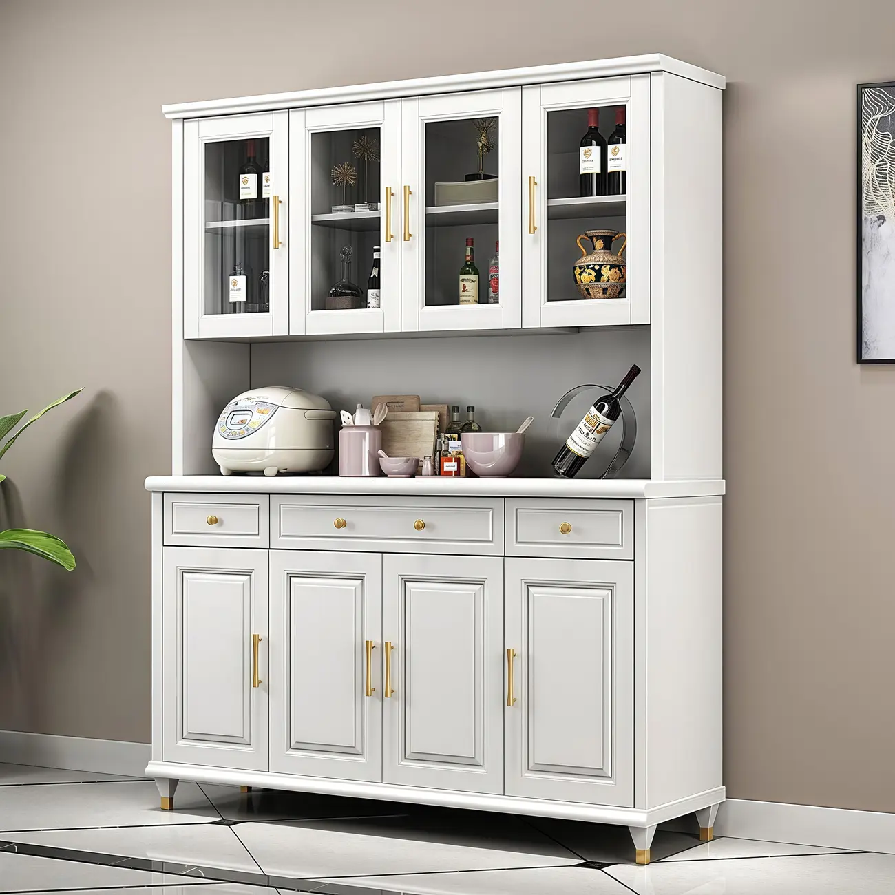 Kitchen Wooden White Cabinet Sideboard Built-in Wine Rack Image - 3 | homeyfad