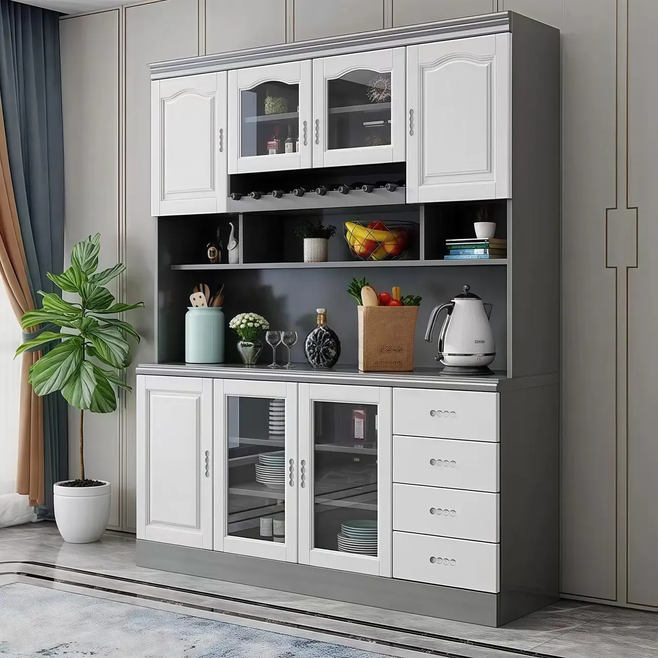 Kitchen Wooden White Cabinet Sideboard Built-in Wine Rack Image - 5