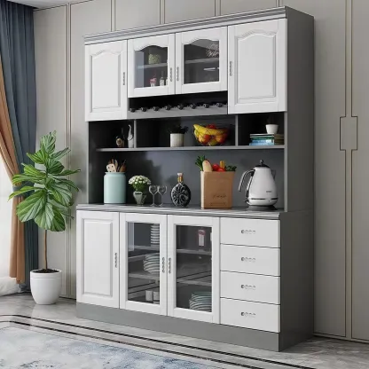 Kitchen Wooden White Cabinet Sideboard Built-in Wine Rack Image - 5