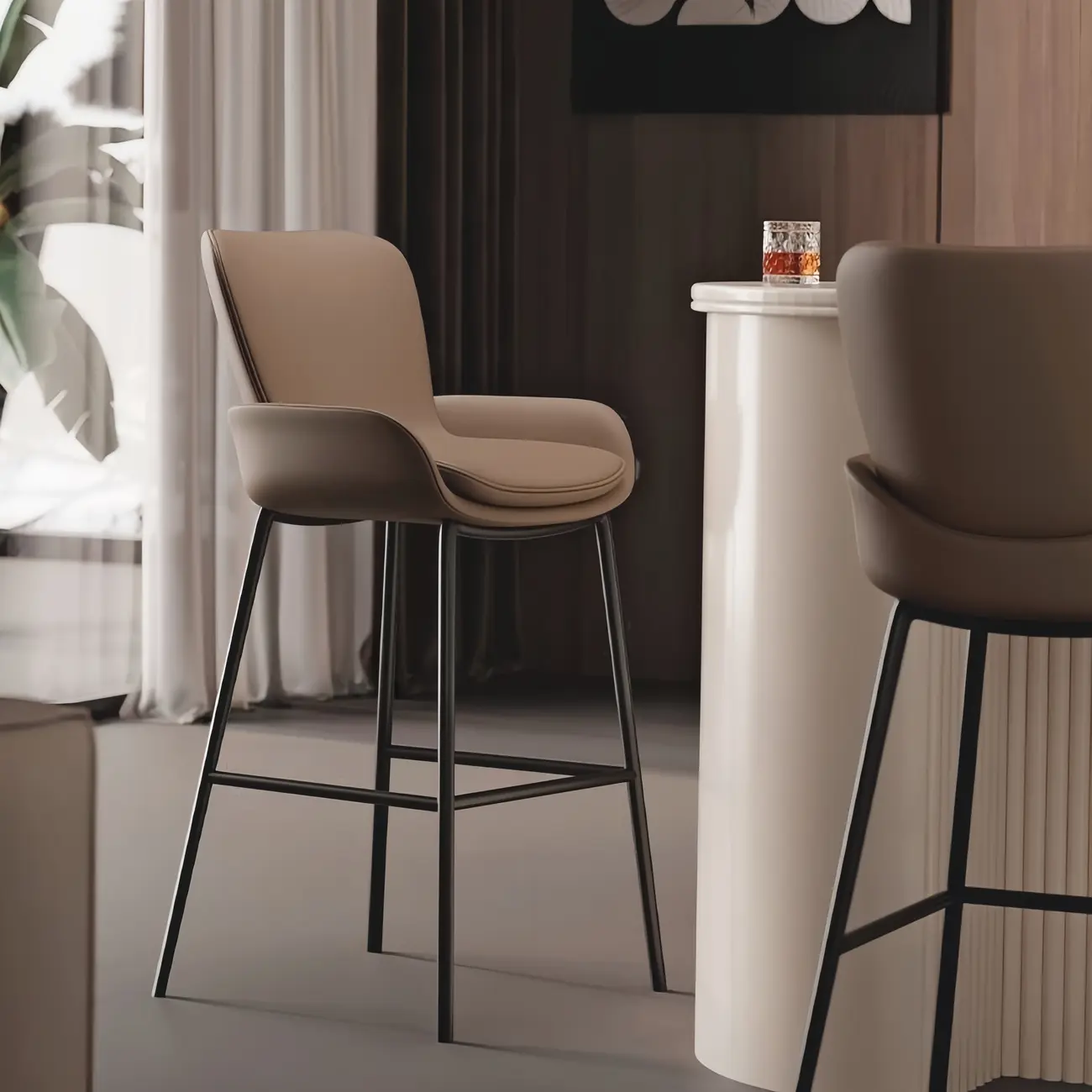 Simple Beige Leather Bar Stools with Arms Image - 3 | homeyfad