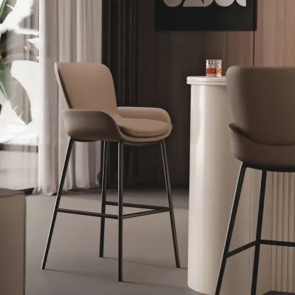 Simple Beige Leather Bar Stools with Arms Image - 3