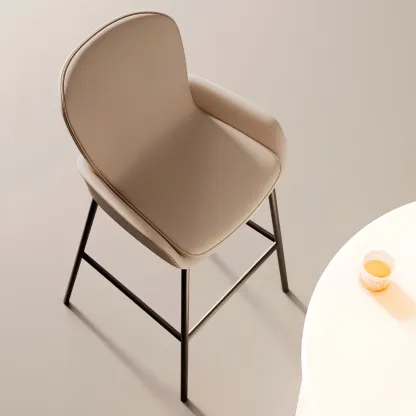 Simple Beige Leather Bar Stools with Arms Image - 2