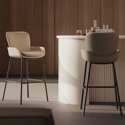 Simple Beige Leather Bar Stools with Arms Image - 1