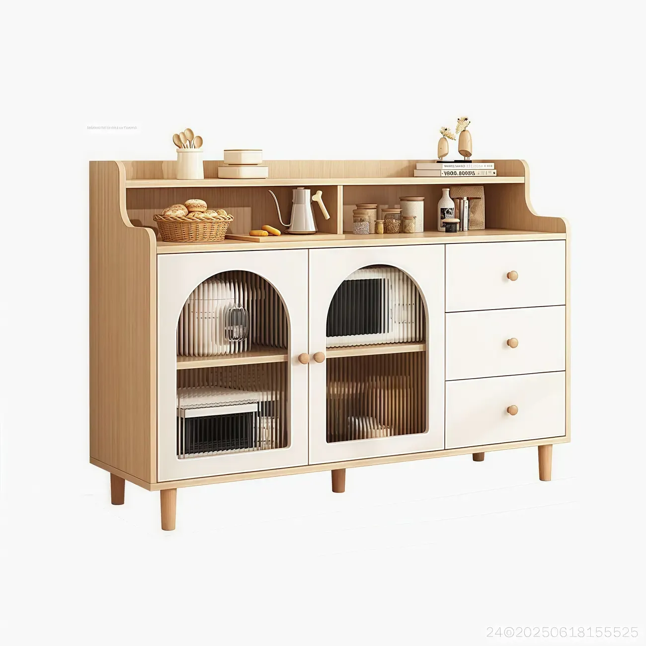 Kitchen Natural Wood Open Shelving 3-Drawer Sideboard Image - 17