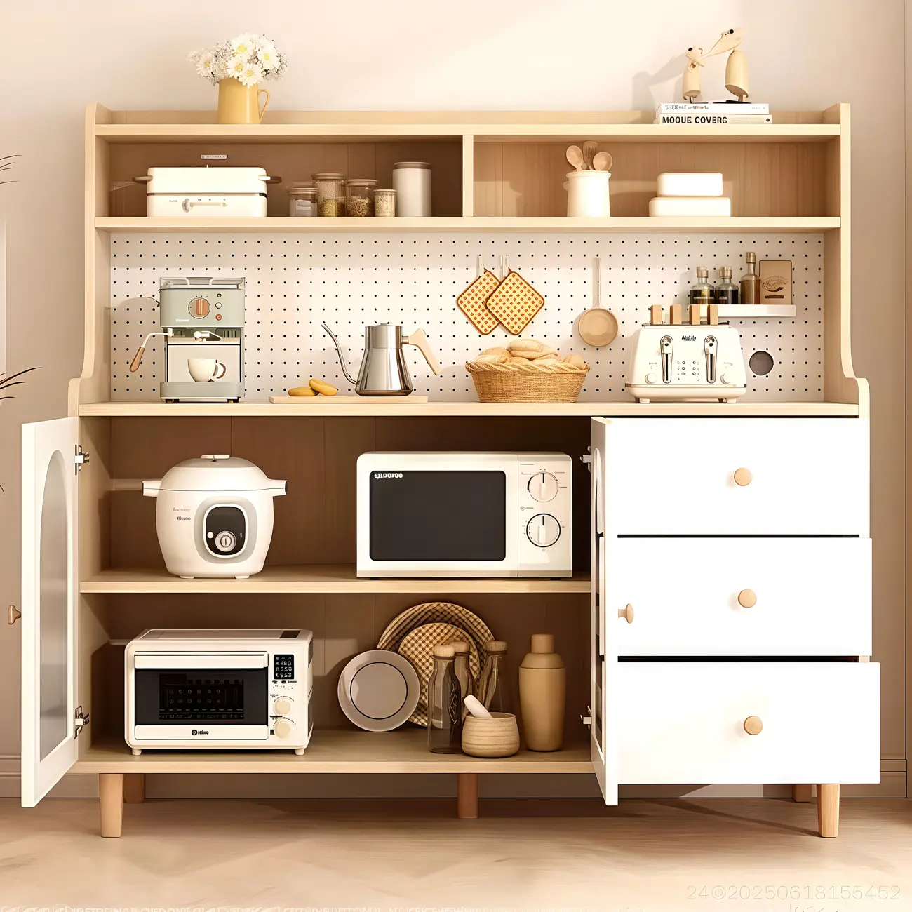 Kitchen Natural Wood Open Shelving 3-Drawer Sideboard Image - 2 | homeyfad