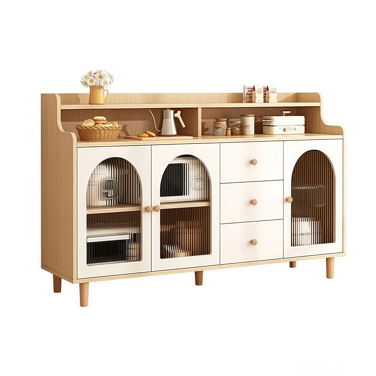 Kitchen Natural Wood Open Shelving 3-Drawer Sideboard Image - 12 | homeyfad