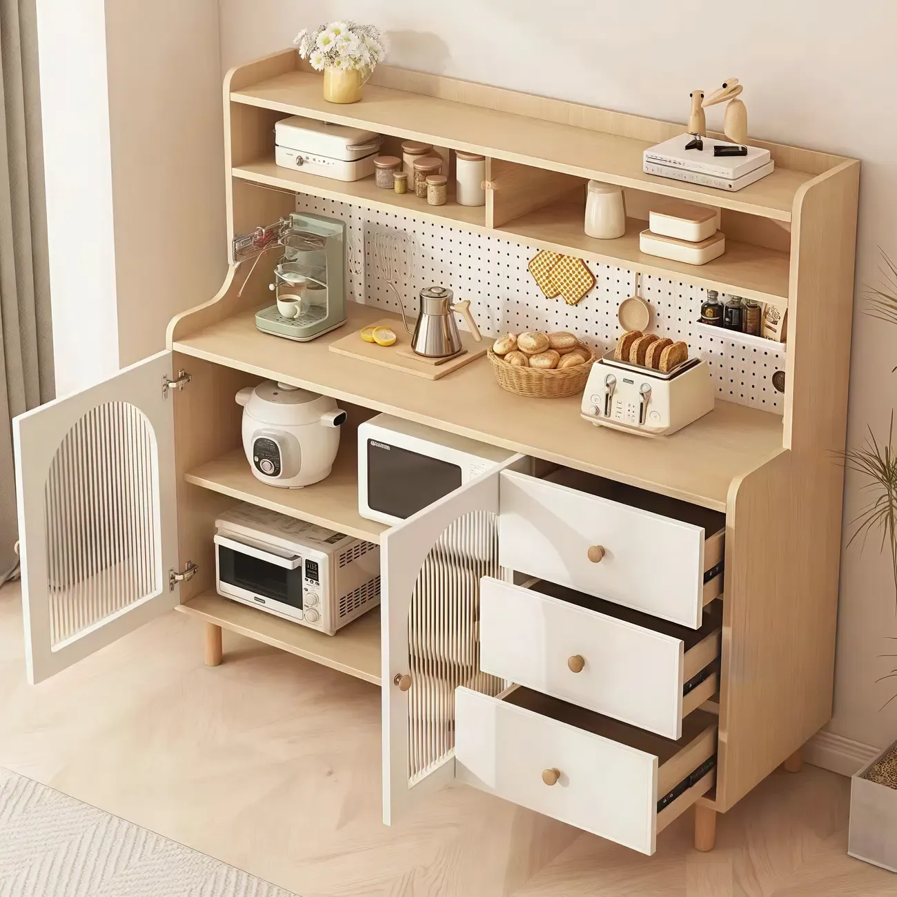 Kitchen Natural Wood Open Shelving 3-Drawer Sideboard Image - 3