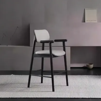 Square Four Legs Black Wood Leather Bar Stools Image - 1