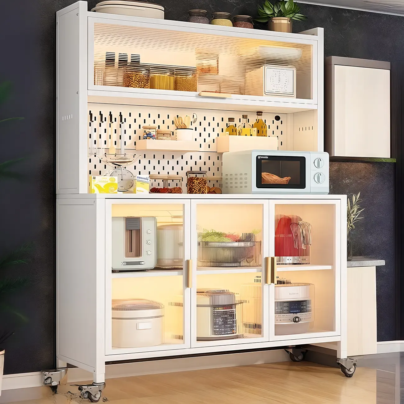 Mobile Metal Open Storage Sideboard with Glass Doors Image - 2