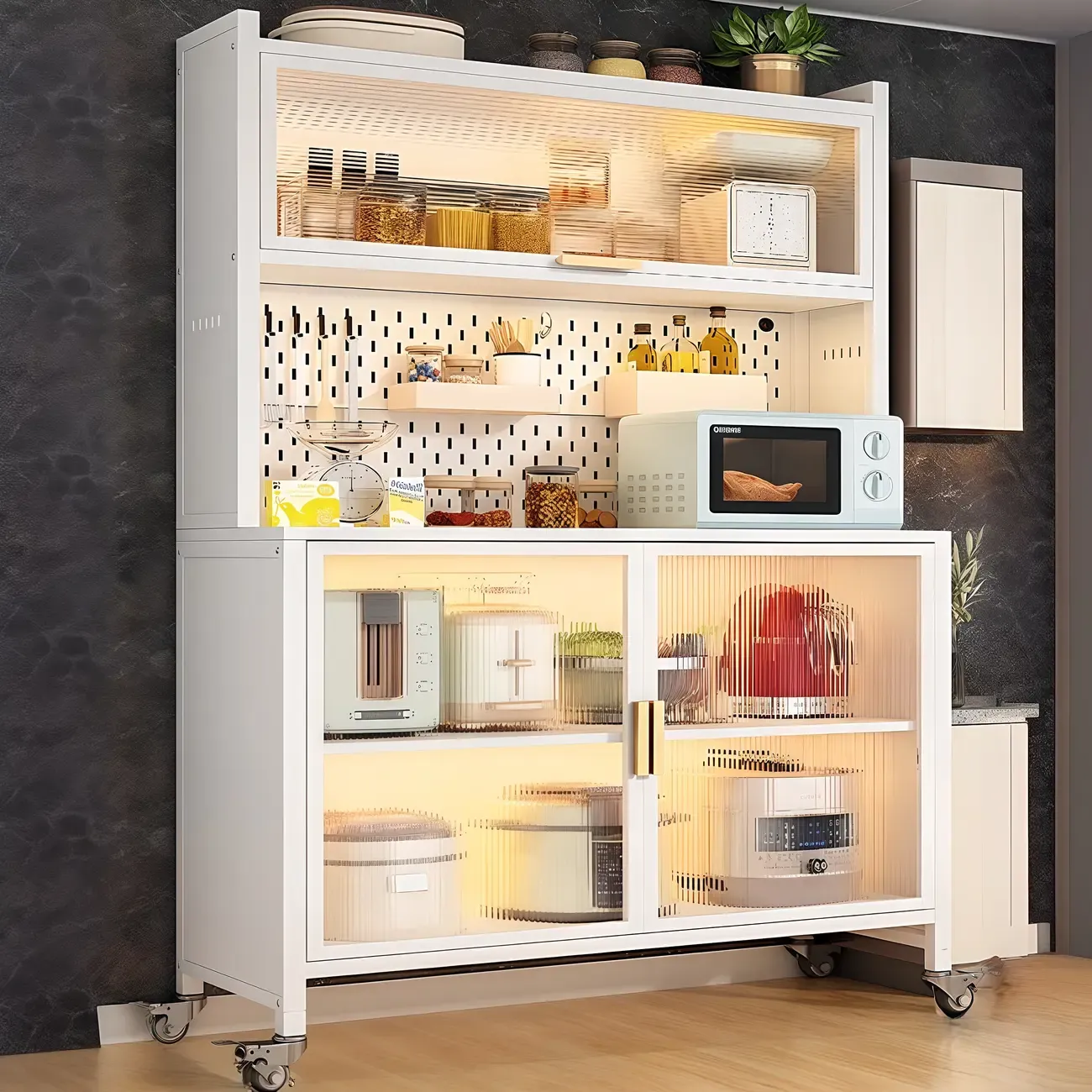 Mobile Metal Open Storage Sideboard with Glass Doors Image - 3