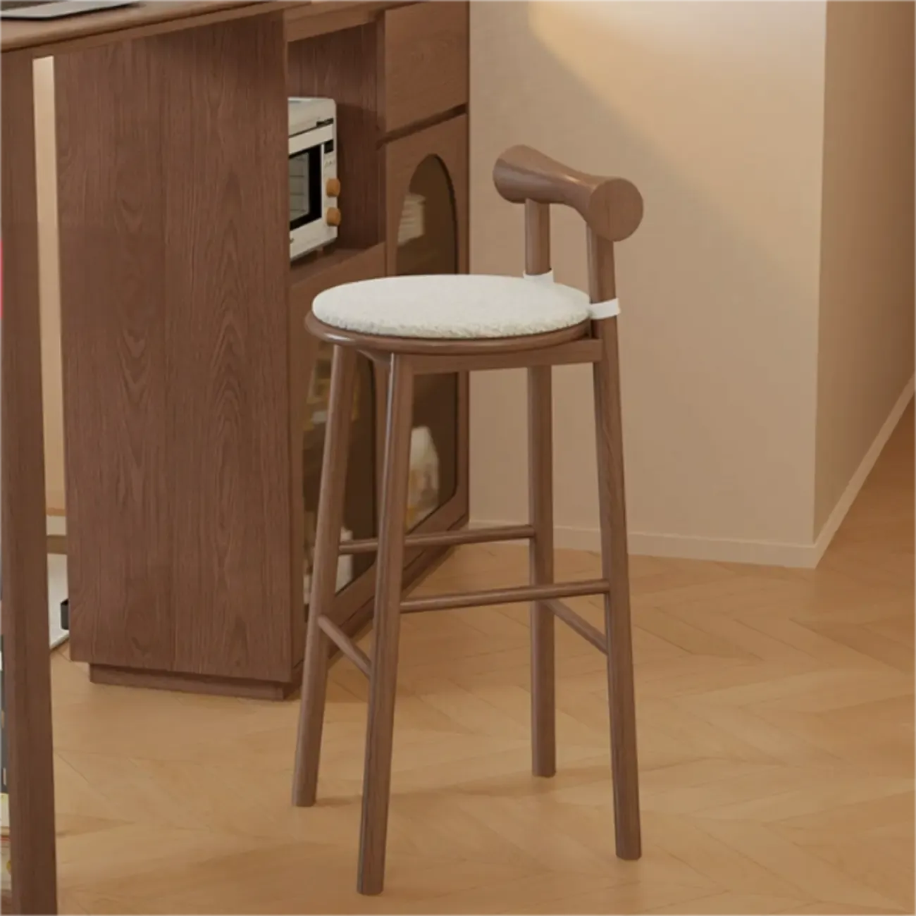 Simplistic Cushioned Round Wood Bar Stools with Backs Image - 2