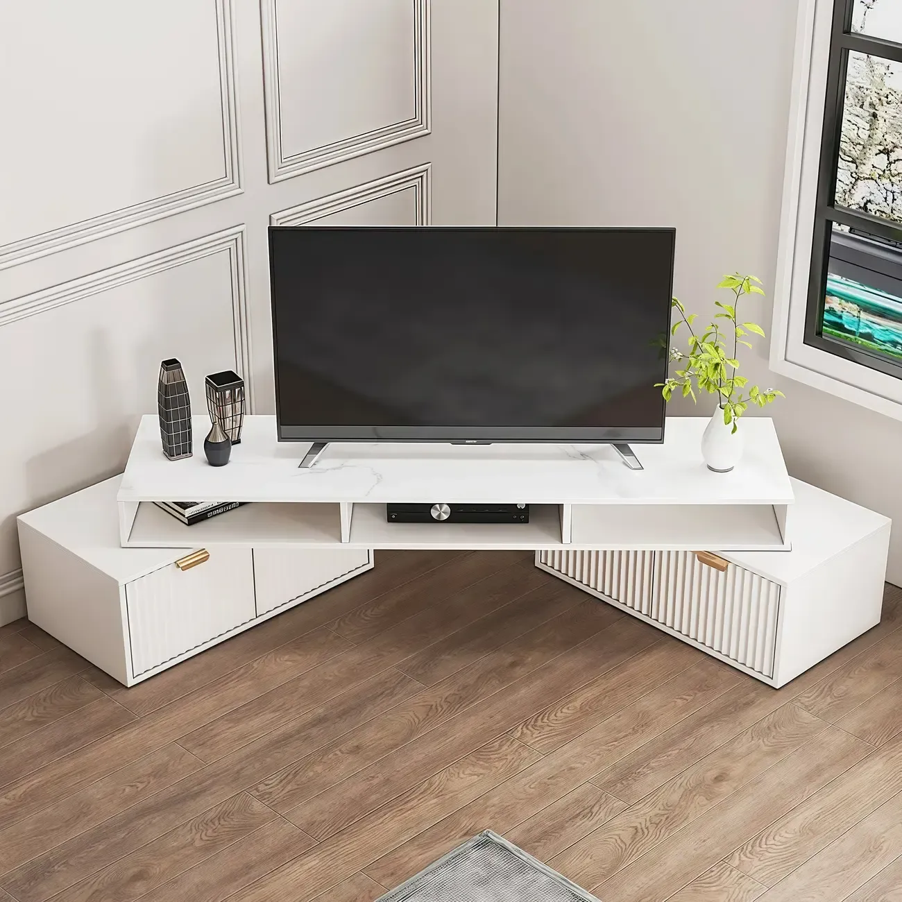 Modern White 2-Drawer Open Storage Corner TV Stand Image - 2