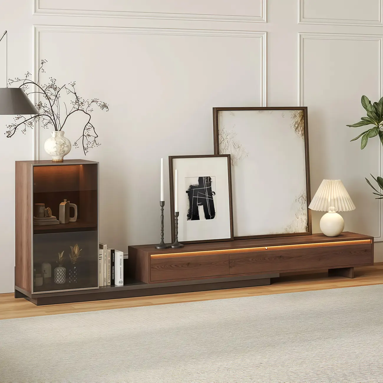 Mid-Century Walnut Extendable Wooden TV Stand with Drawers Image - 2 | homeyfad