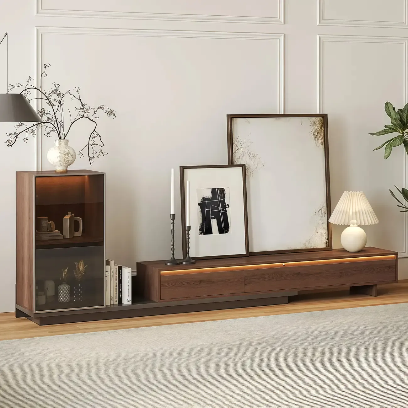 Mid-Century Walnut Extendable Wooden TV Stand with Drawers Image - 2