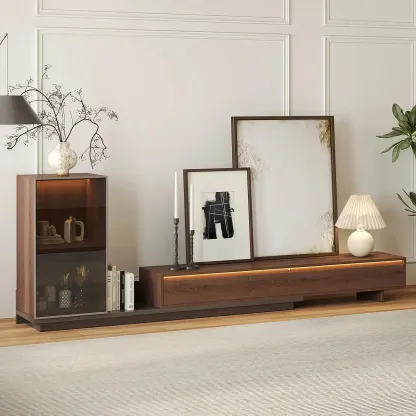 Mid-Century Walnut Extendable Wooden TV Stand with Drawers Image - 2