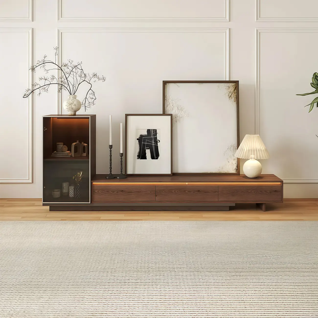 Mid-Century Walnut Extendable Wooden TV Stand with Drawers Image - 4 | homeyfad