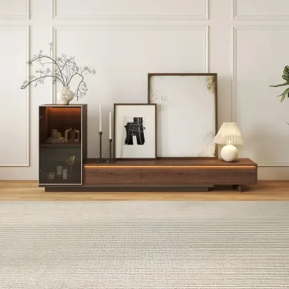 Mid-Century Walnut Extendable Wooden TV Stand with Drawers Image - 4