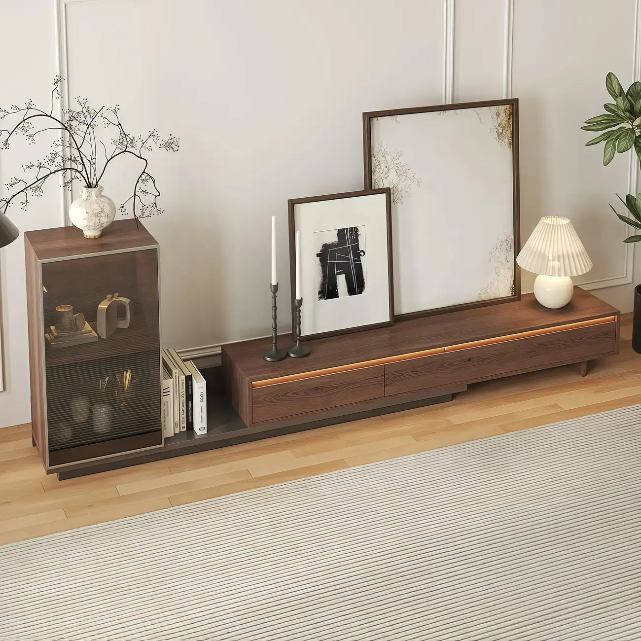 Mid-Century Walnut Extendable Wooden TV Stand with Drawers Image - 5 | homeyfad