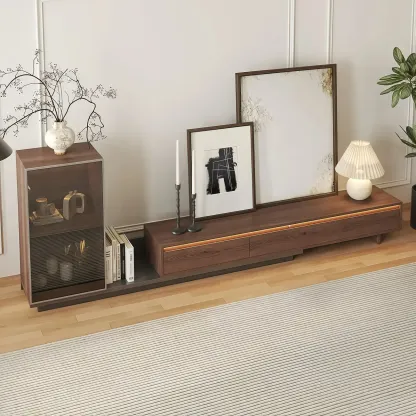 Mid-Century Walnut Extendable Wooden TV Stand with Drawers Image - 5