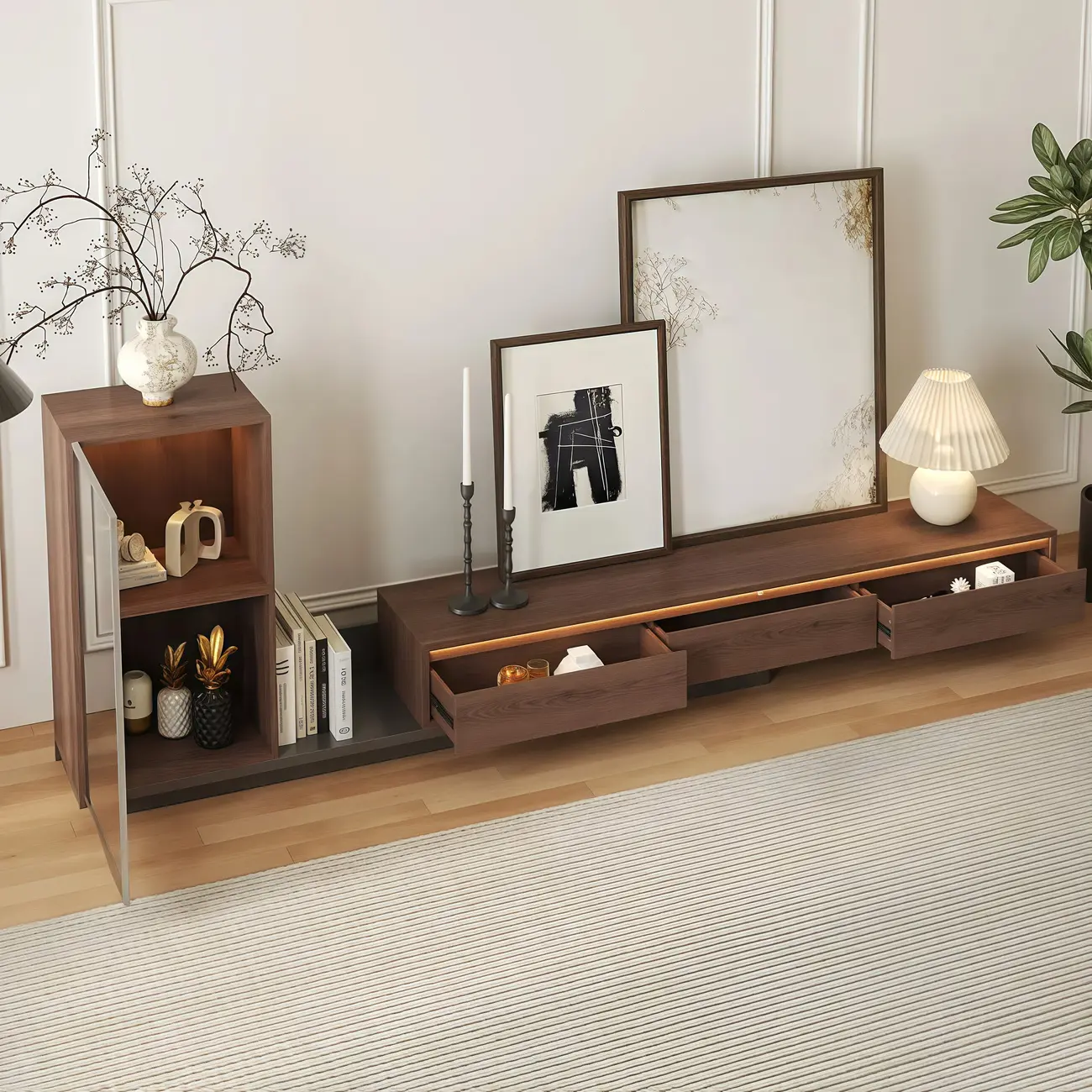 Mid-Century Walnut Extendable Wooden TV Stand with Drawers Image - 6 | homeyfad