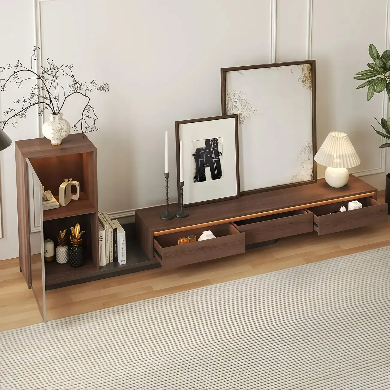 Mid-Century Walnut Extendable Wooden TV Stand with Drawers Image - 6