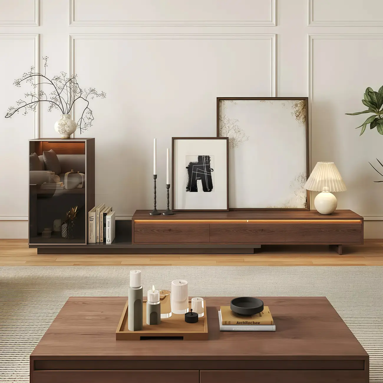 Mid-Century Walnut Extendable Wooden TV Stand with Drawers Image - 3 | homeyfad