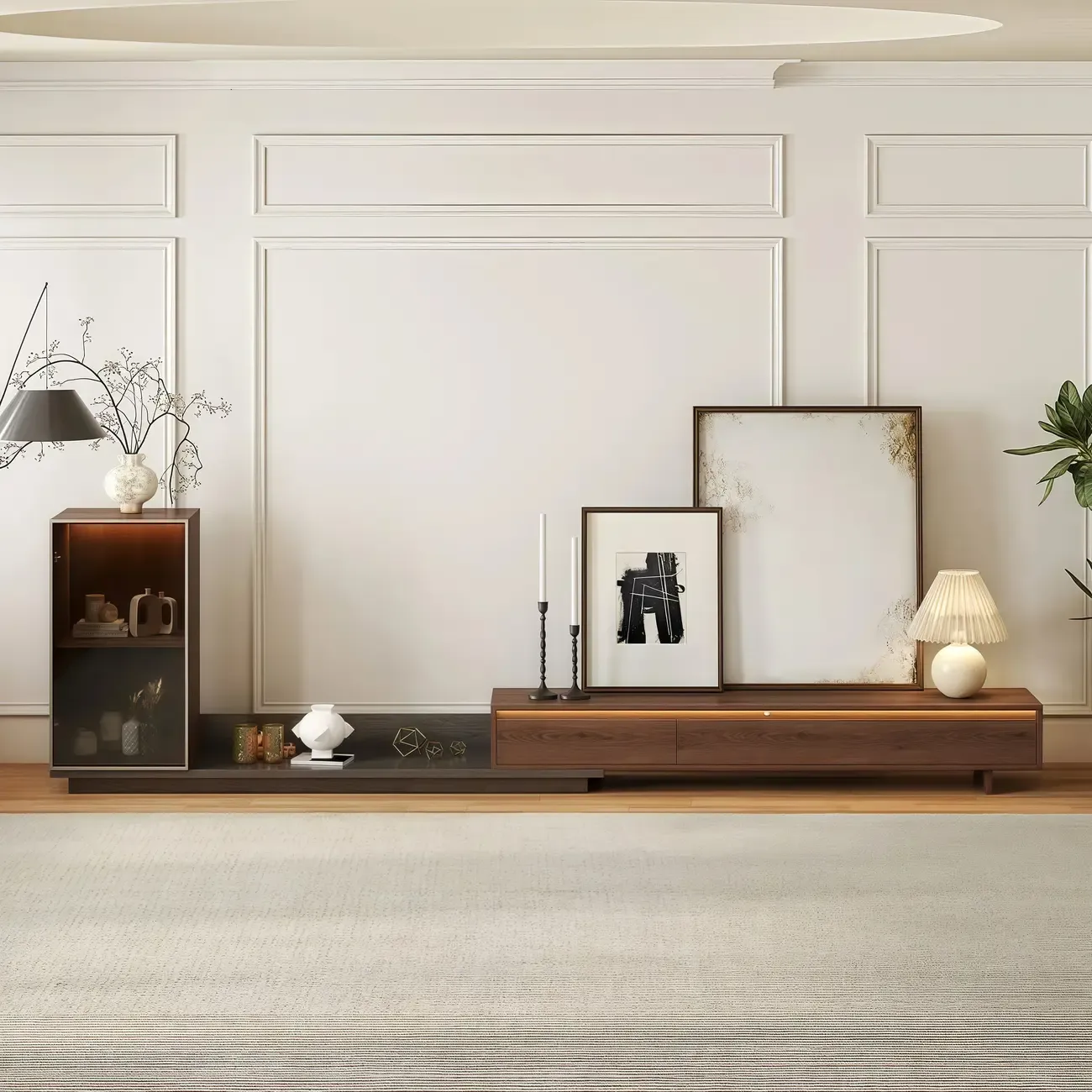 Mid-Century Walnut Extendable Wooden TV Stand with Drawers Image - 1