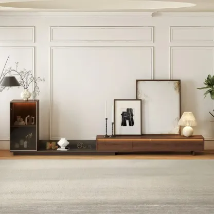 Mid-Century Walnut Extendable Wooden TV Stand with Drawers Image - 1