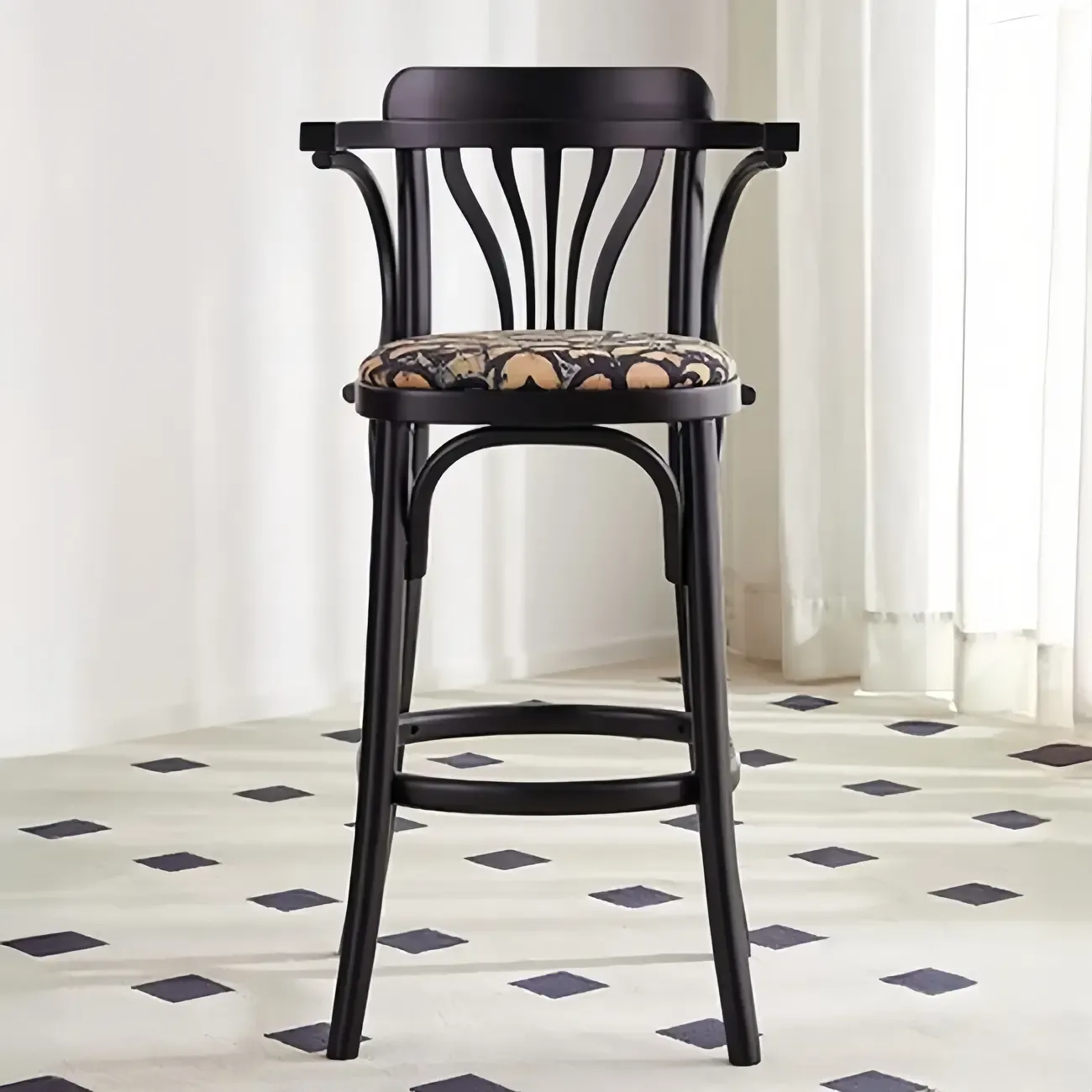 Vintage Wood Upholstered Bar Stools with Arms Image - 2