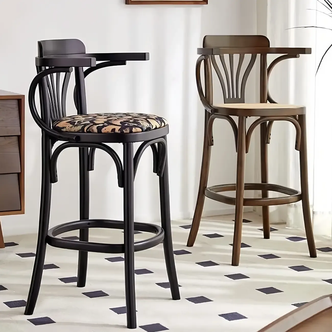 Vintage Wood Upholstered Bar Stools with Arms Image - 1