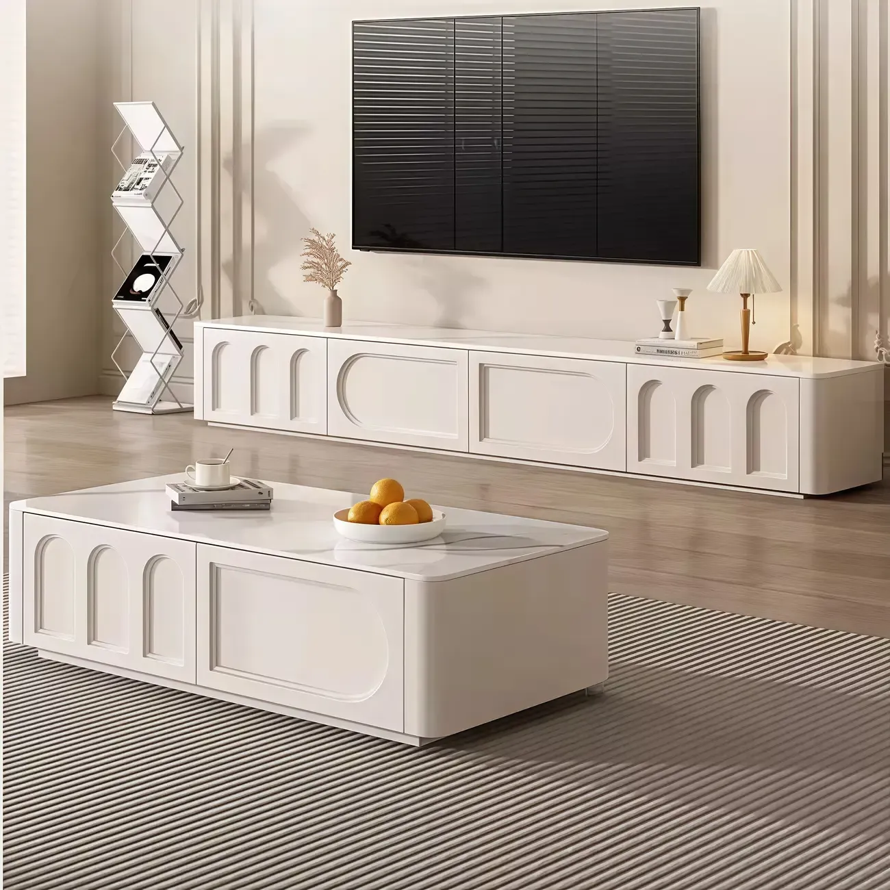 White Modern Long Wooden TV Stand with Drawers Image - 1